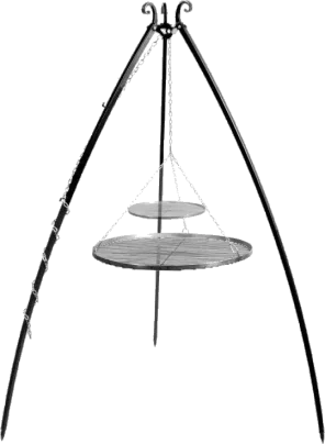 Barbecue con 2 griglie sospese su treppiede 200 cm – acciaio 80 cm e 40 cm