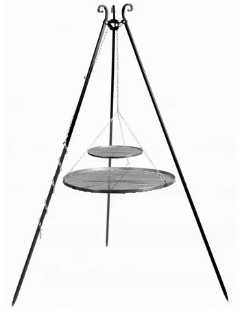 Grillställning med 2 hängande grillgaller på trebent stativ 180 cm – stål 70 cm & 40 cm