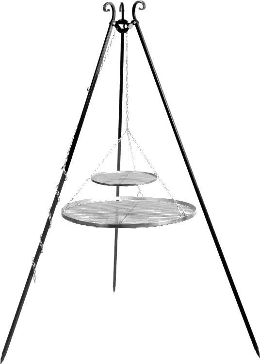 Tripod barbecue with 2 hanging grills 180 cm – stainless steel 70 cm & 40 cm
