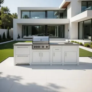 Cuisine aluminium Blanc Pro Elite, module service avec frigo et évier