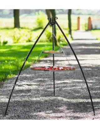 Barbacoa trípode con 2 parrillas colgantes 200 cm – acero inoxidable 70 cm y 40 cm