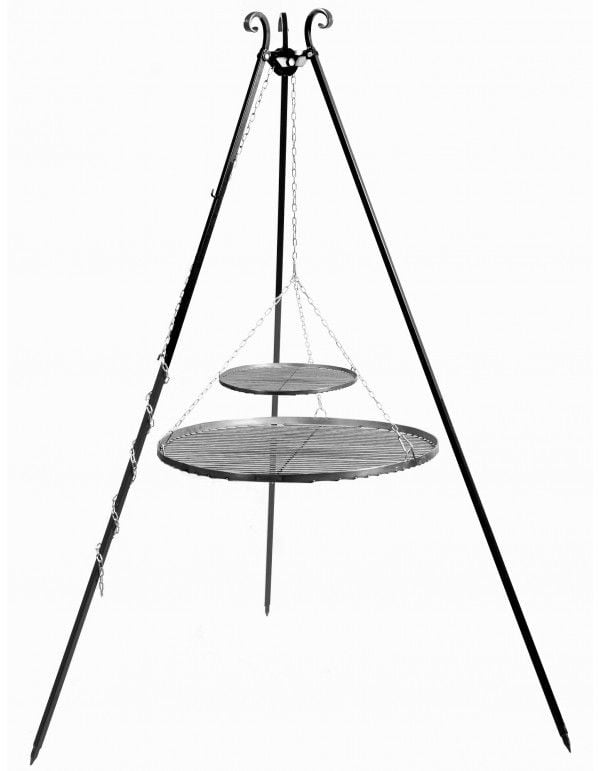 Tripod barbecue with 2 hanging grills 180 cm – steel 70 cm & 40 cm