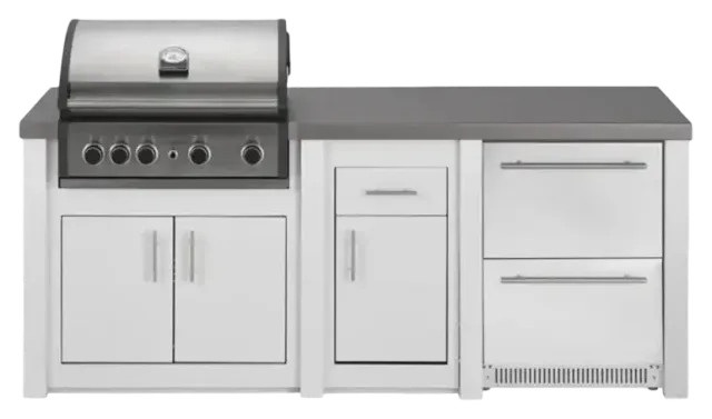 Aluminium-Außenküche Weiß Pro Elite, Kühlschrank mit Tür und Schublade