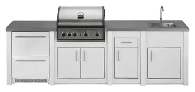 Aluminium-Außenküche Weiß Pro Elite, Serviermodul mit Kühlschrank und Spüle