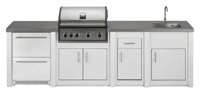 Cuisine aluminium Blanc Pro Elite, module service avec frigo et évier